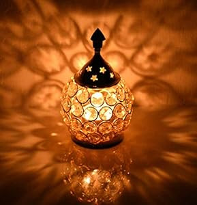 Akhand Diya Diyas Decorative Brass Crystal Oil Lamp, Tea Light Holder Lantern Oval Shape Diwali Gifts Home Decor Puja Lamp (Small)