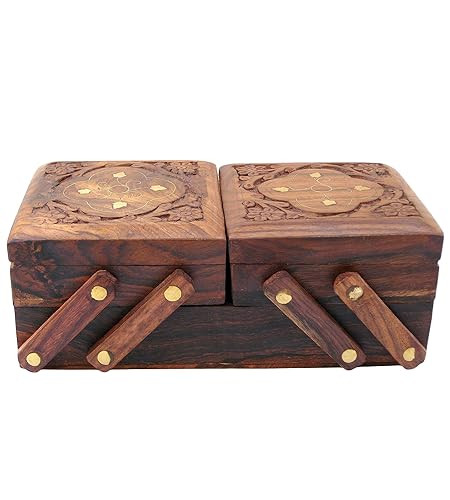 Jewellery Box for Women Wooden Flip Flap Flower Carved Design Handmade Gift, 8 inches