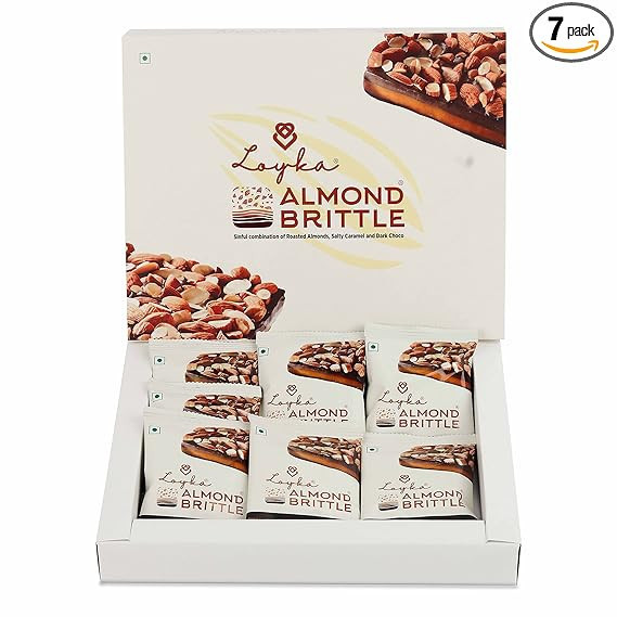 Almond Brittle Assorted Choco Box - 7 pcs | Premium Chocolate Gift Hamper | Choco & Nut Dryfruit Delicacy | Roasted California Almonds (45%), Dark Choco & Salted Caramel | Any-time snack