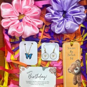 Birthday Gift Combo for Women and Girls 2 Hair Scrunchies, 1 Blue Butterfly Chain, 1 White Daisy Earring, 1 Bookmark, 1 Happy Birthday Card, Gift Combo