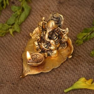 Collectible India Return Gift Ganesh Idol on Leaf - Lord Ganesha with Diya - Metal Diya for Diwali Decoration Items Home Decorative Gift Puja Gifts Corporate, Diwali Gift Item