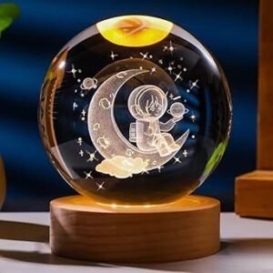 KRIVAZ 3D Galaxy Crystal Ball Night Lamp,Solar System, USB Table Colorful LED Wooden Crystal Ball for Home Decoration Birthday Gift for Teens and Girls (Astro with Moon)