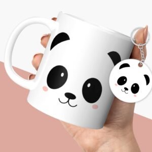 NH10 DESIGNS Cute Panda Face Printed Coffee Mug and Keychain Gift for Cartoon Lovers Friends, Girls, Sister, Daughter, Wife, Birthday Gifts for Kids (Microwave Safe Ceramic...