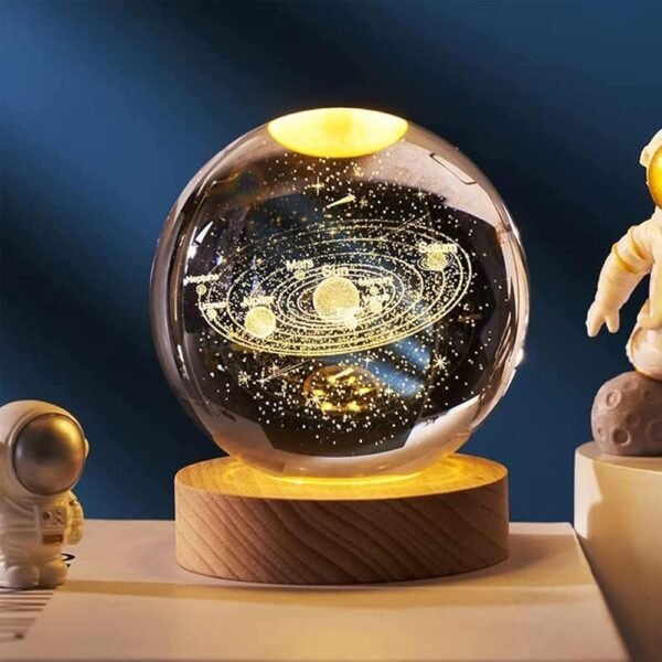 VOXI 3D Galaxy Crystal Ball Night Light | Dimmable Engraved LED Glass Ball Table Lamp with USB and Wooden Base for Home Decor, Office, Birthday Gift & Kids Bedroom (Planet)